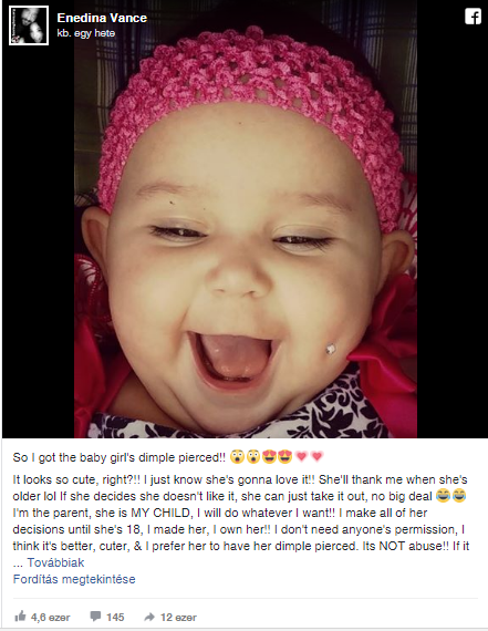 Enedina Vance a Facebookon osztotta meg a képet, ahol kislánya boldogan mosolyog a kamerába, ám ha jól megfigyeljük, az arcán egy piercing díszeleg.