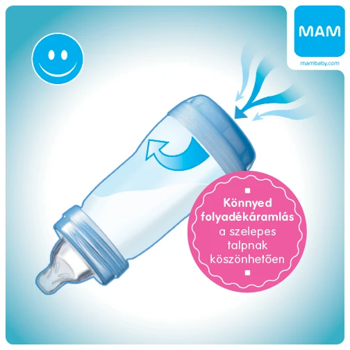 MAM Anti-Colic cumisüveg  -  80%-kal kevesebb hasfájás a babáknál és egyedülálló, selymesen puha szívóka a könnyebb elfogadásért.