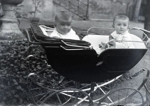 Két baba ül egy babakocsiban 