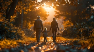 Család sétál gyerekkel a levelek között az erdőben 