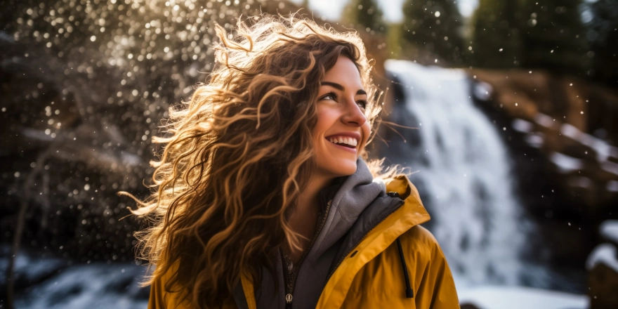 boldog nő vízesés előtt télen 
